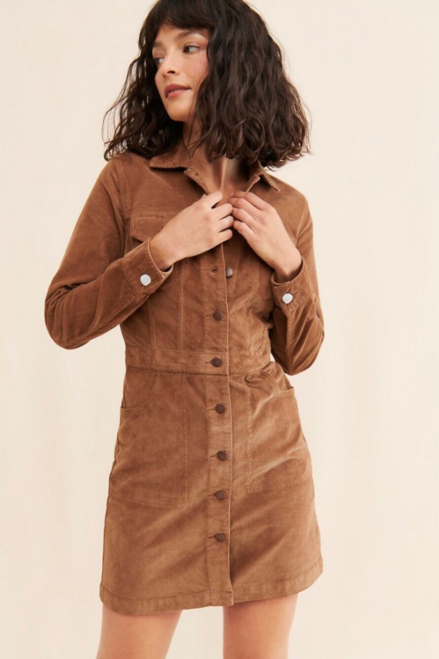 Faherty Michelle Corduroy Mini Dress Brown Button Front Long Sleeve Size 4